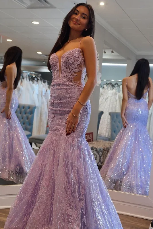 Lilac Lace Sequins Sweetheart Mermaid Long Prom Dresses Ruffled Sequin Dress