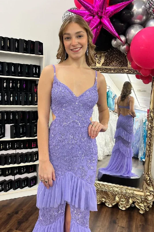 Lilac Sequin Mermaid V Neck Ruffle Long Prom Dress Sequin Dress Allure