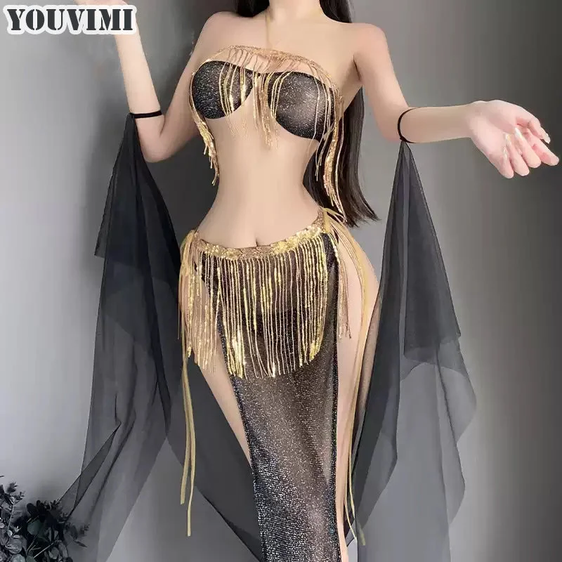 Black sequined gauze bra+skirt yv50850 Sequin Maxi Dress