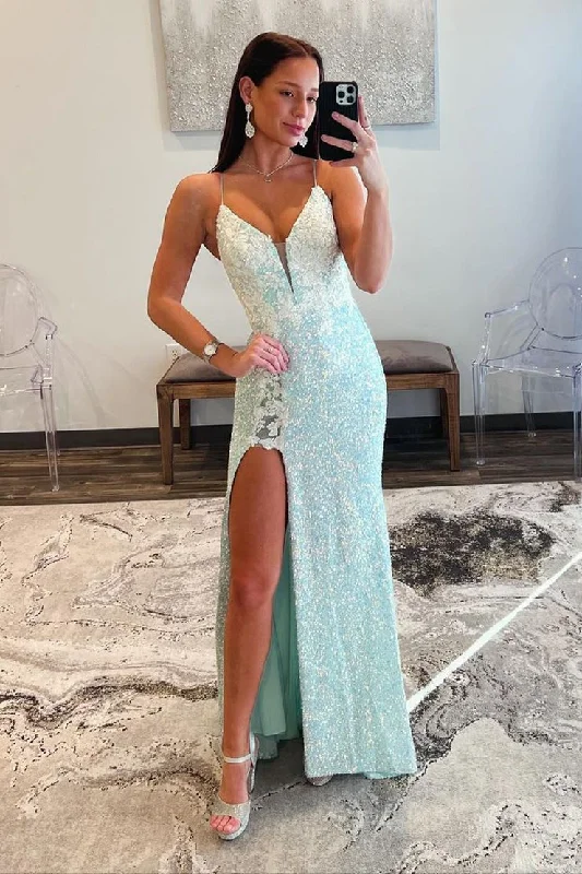 Sequins Mermaid V Neck Long Prom Dress with Appliques Sequin Shift Dress