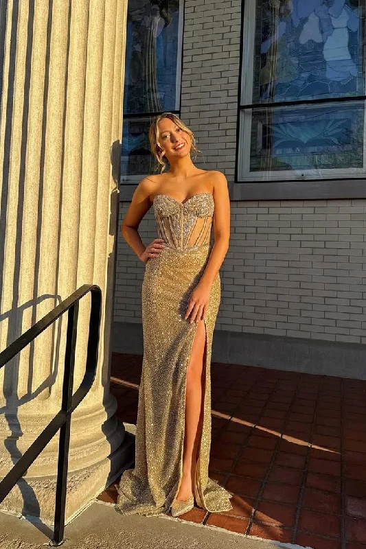 Gold Sequins Mermaid Sweetheart Charming Slit Prom Dress with Beading Modern Sequin Dress