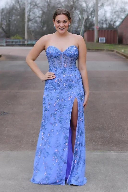 Blue Sequins Appliques Mermaid Strapless Long Prom Dress with Slit Sequin Dress Sparkle