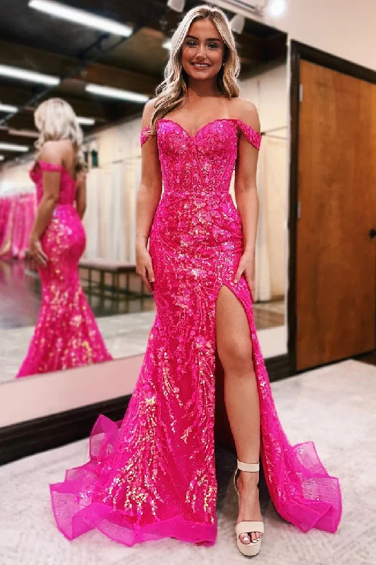 Mermaid Off the Shoulder Fuchsia Sequins Appliques Long Prom Dress with Slit Floor-length Sequin Dress