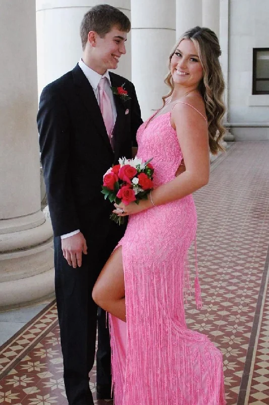 Pink Sequins V Neck Mermaid Long Prom Dresses with Fringes Sequin Detail Dress