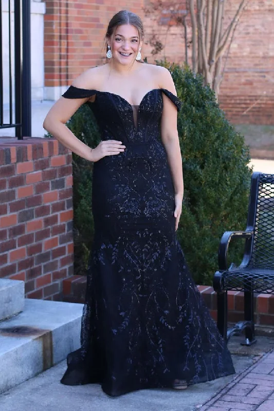 Black Sequins Appliques Mermaid Off the Shoulder Long Prom Dress Sequin Dress Chic