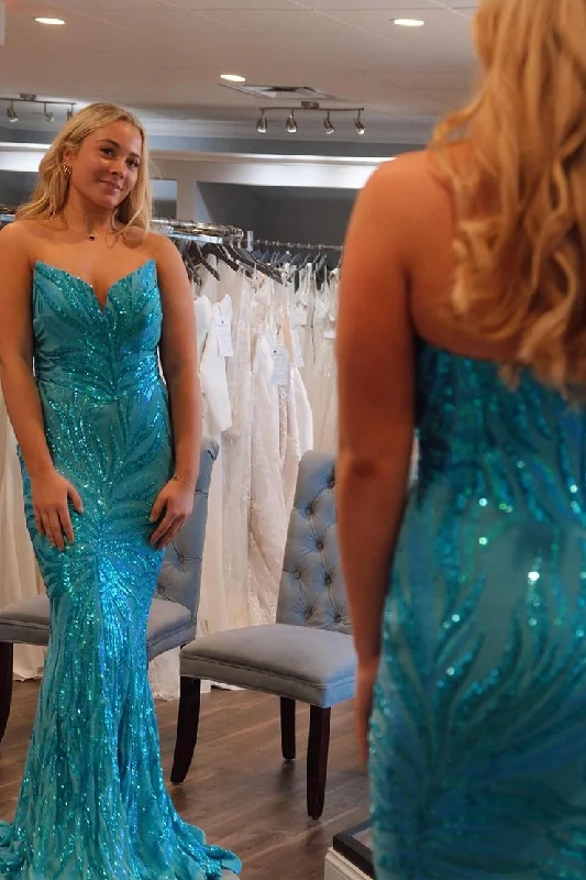 Blue Sequins Appliques Mermaid Strapless Long Prom Dress Colorful Sequin Dress