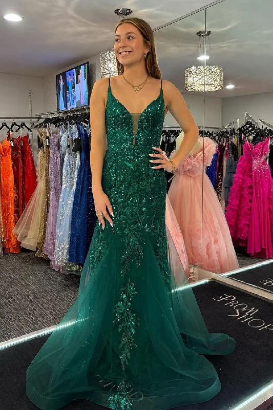 Green Sequins Lace Mermaid V Neck Long Prom Dress Party Sequin Dress