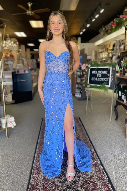 Blue Sequin Mermaid Strapless Long Prom Dress with Slit Glam Sequin Dress