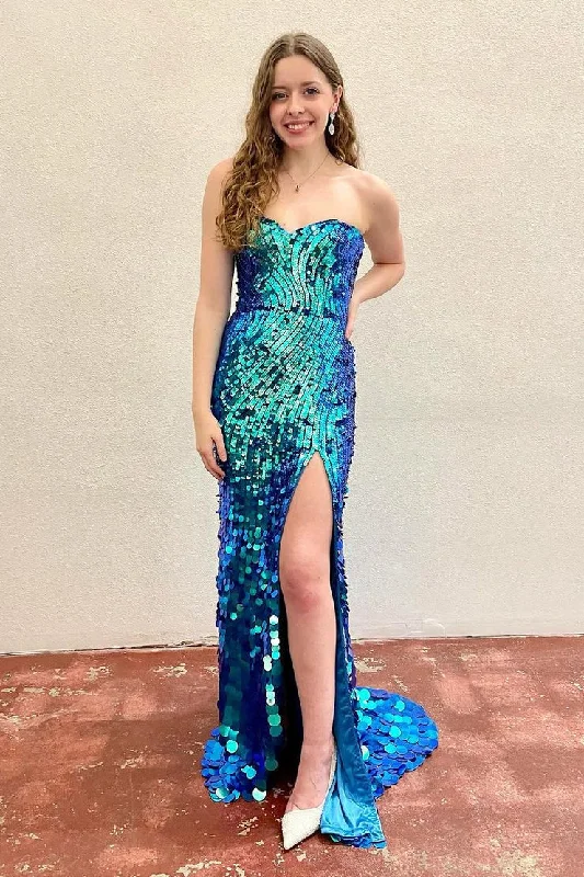 Blue Sweetheart Sequins Mermaid Long Prom Dresses V-neck Sequin Dress