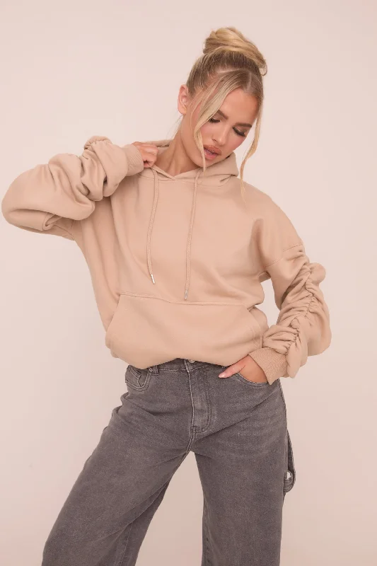 Beige Ruched Sleeve Oversized Hoodie - Lorna Comfy Wool Pullover