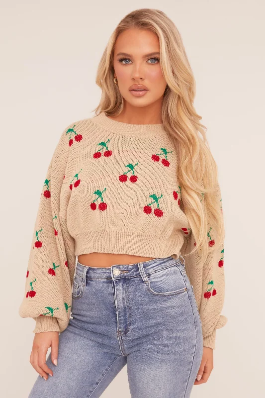 Beige Cherry Print Cropped Jumper - Emaline Women’s Pullover Fashion