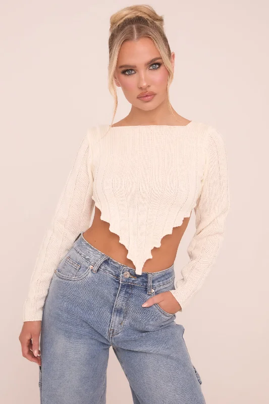 Cream Knit Asymmetric Hem Cropped Jumper - Prima Warm Knit Pullover