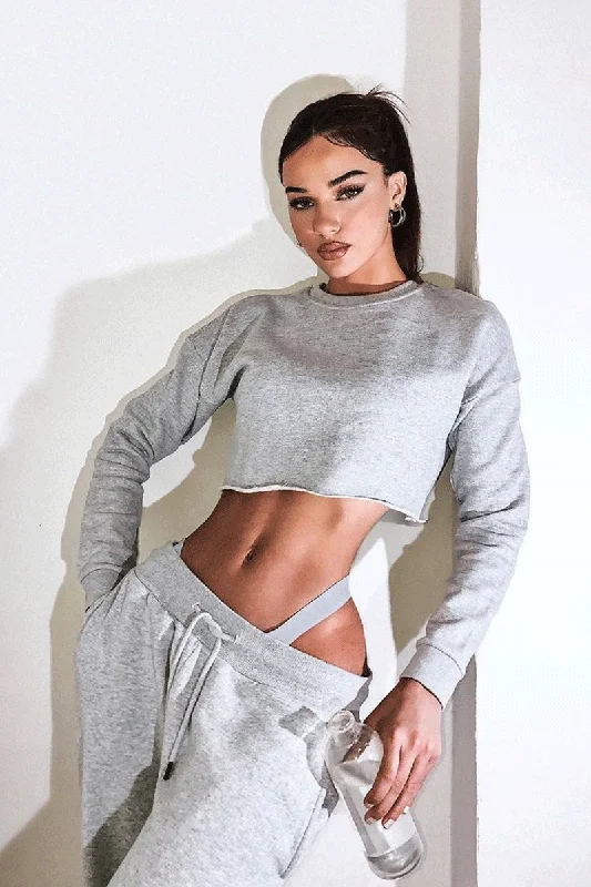 Grey Round Neck Cropped Sweatshirt - Lenny Warm Knit Pullover