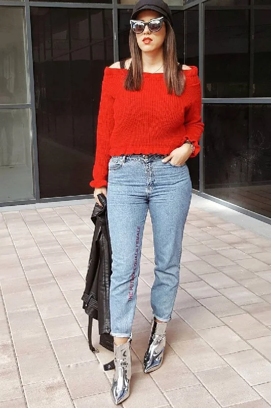 Red Knitted Ruffle Jumper with Elasticated hems - Eve Layered Pullover Sweater