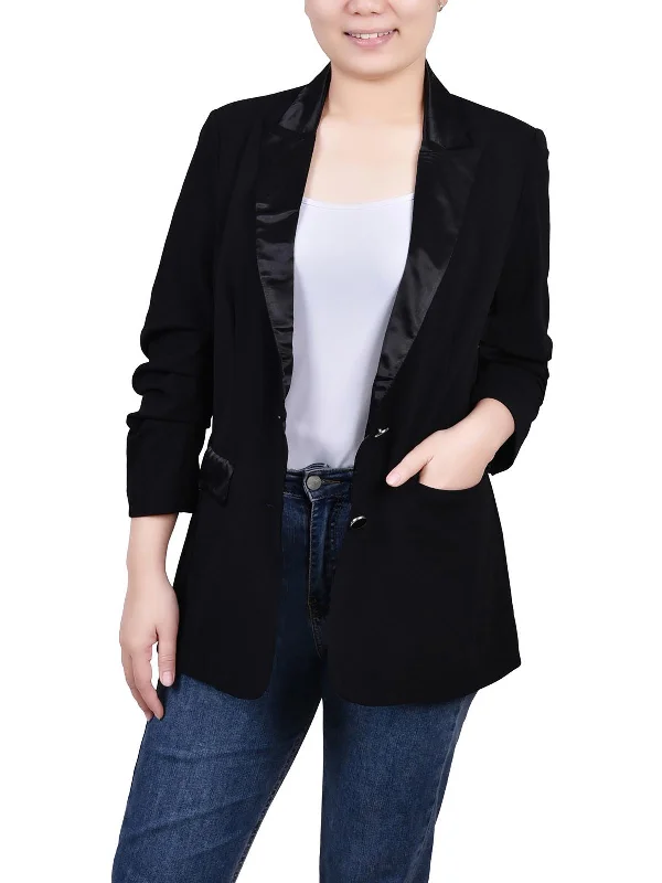 Petites Womens Satin Trim Trendy Two-Button Blazer Cozy Blazer for Women