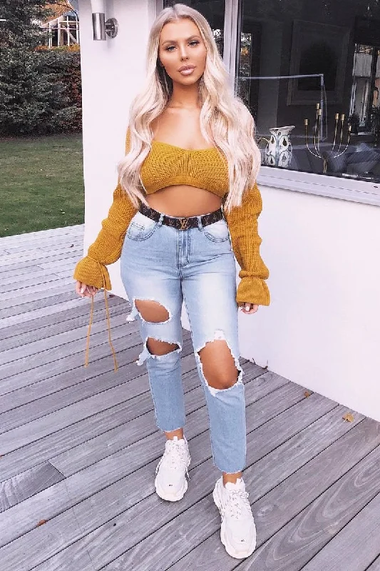 Mustard Plunge Sleeve Detail Crop Jumper - Ivree Casual Wear Pullover