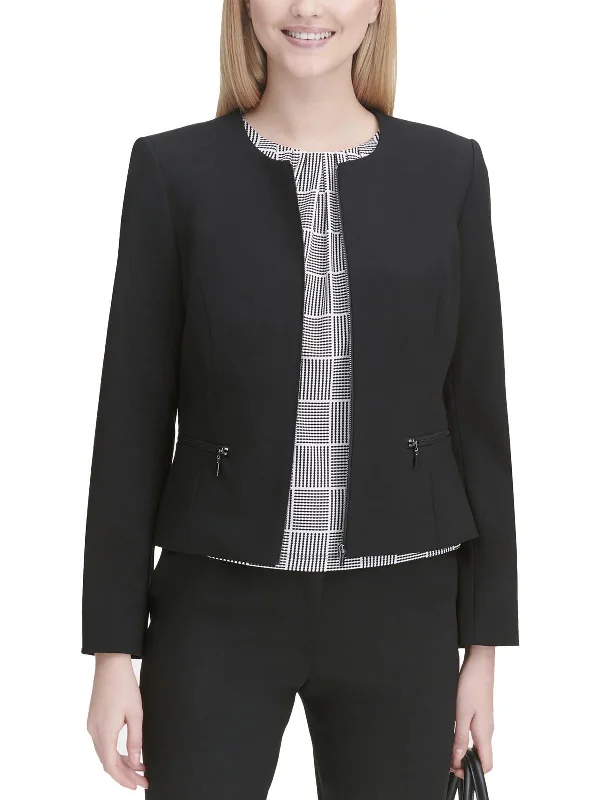 Womens Knit Zip Front Collarless Blazer Office Wear Blazers