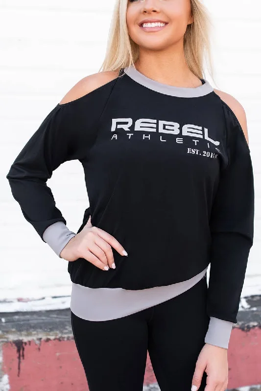 Rebel Athletic Cold Shoulder Pullover in Black Pullover Knit Top