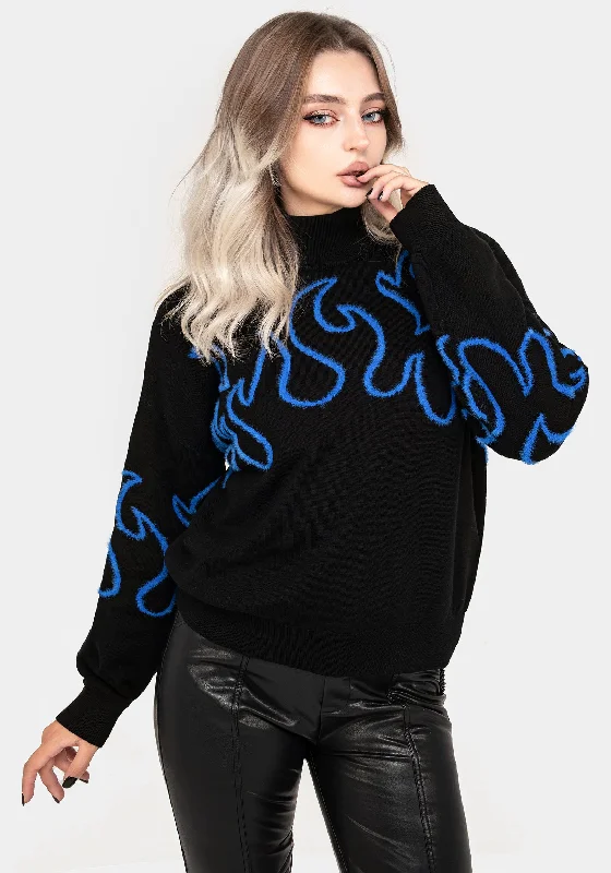 Blaze Flame Knit Jumper - Blue Pullover with Ribbed Detail