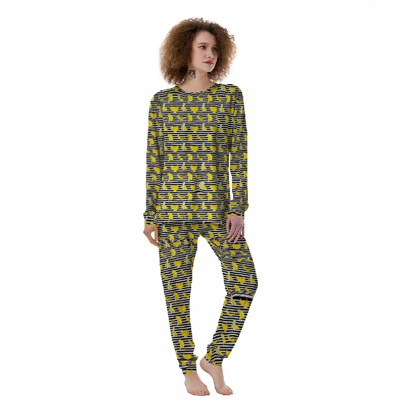 Banana Black Striped Print Pattern Women's Pajamas Linen pajama sets