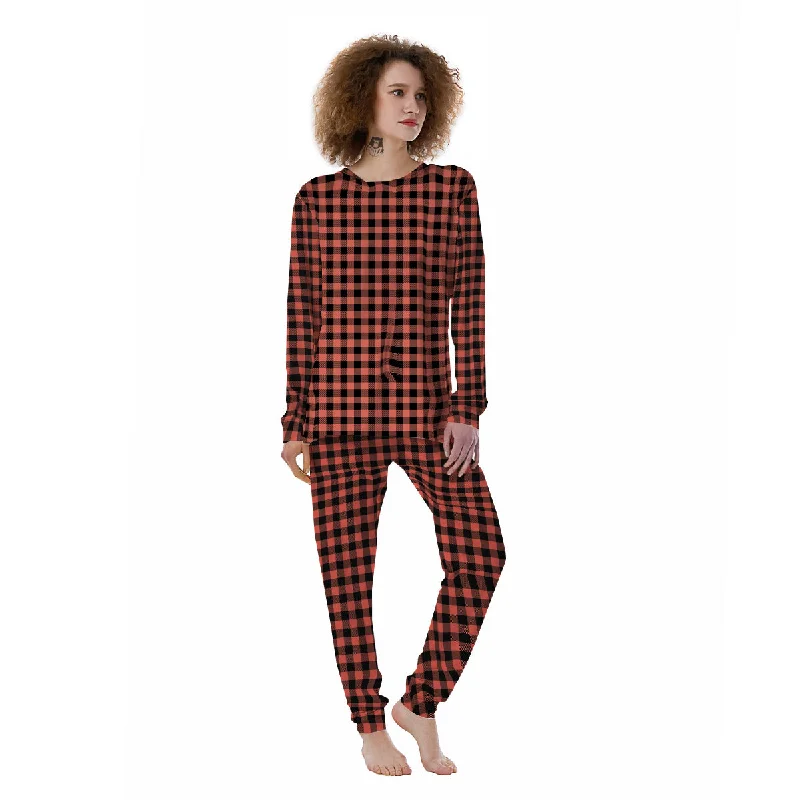 Black Buffalo Check And Coral Pink Print Women's Pajamas Short sleeve pajama sets