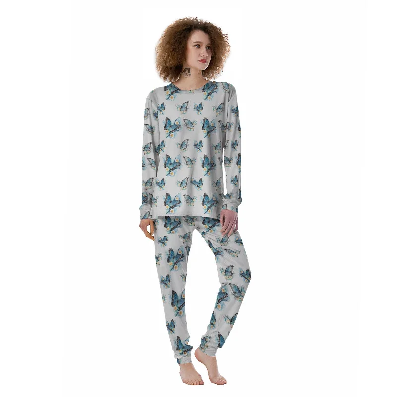 Blue Butterfly Blossom Print Pattern Women's Pajamas Best pajama sets for teens