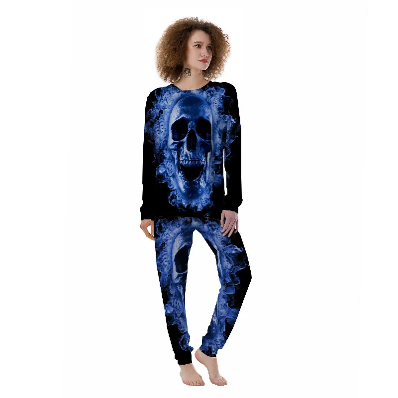 Blue Flaming Skull Print Women's Pajamas Cheap pajama sets