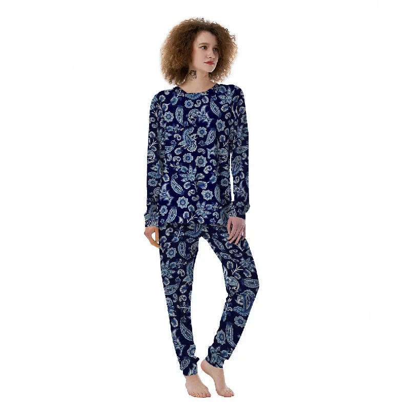 Blue Paisley Print Pattern Women's Pajamas Movie night pajama sets