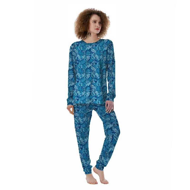 Blue Tropical Leaves Print Women's Pajamas Nursing pajama sets