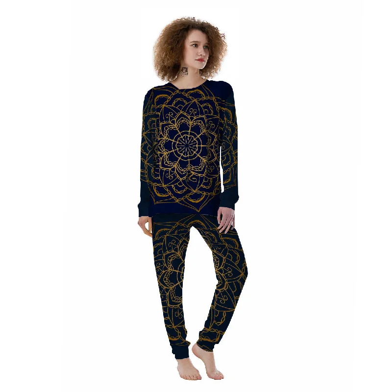 Bohemian Mandala Gold And Blue Print Women's Pajamas Thermal pajama sets