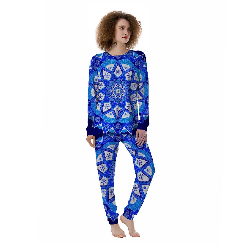 Bohemian Mandala White And Blue Print Women's Pajamas Cooling pajama sets