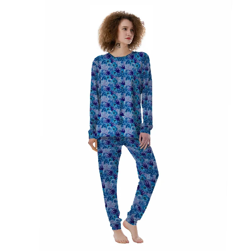 Bright Blue Rose Print Women's Pajamas Fall pajama sets