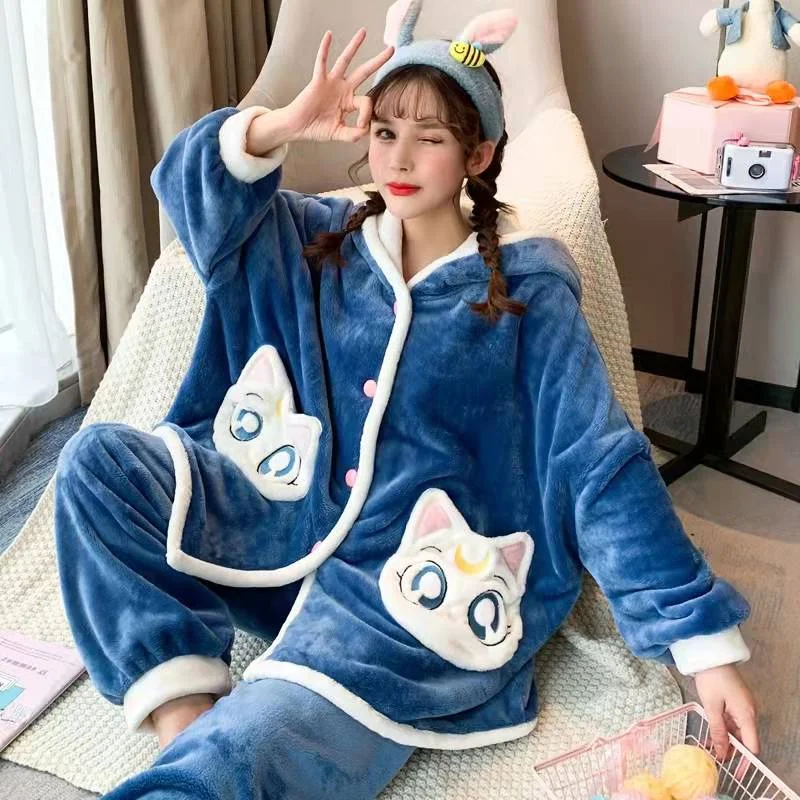 Sailor Moon Artemis Inspired Flannel Hooded Pajama Set Kawaii Cute Family matching pajama sets