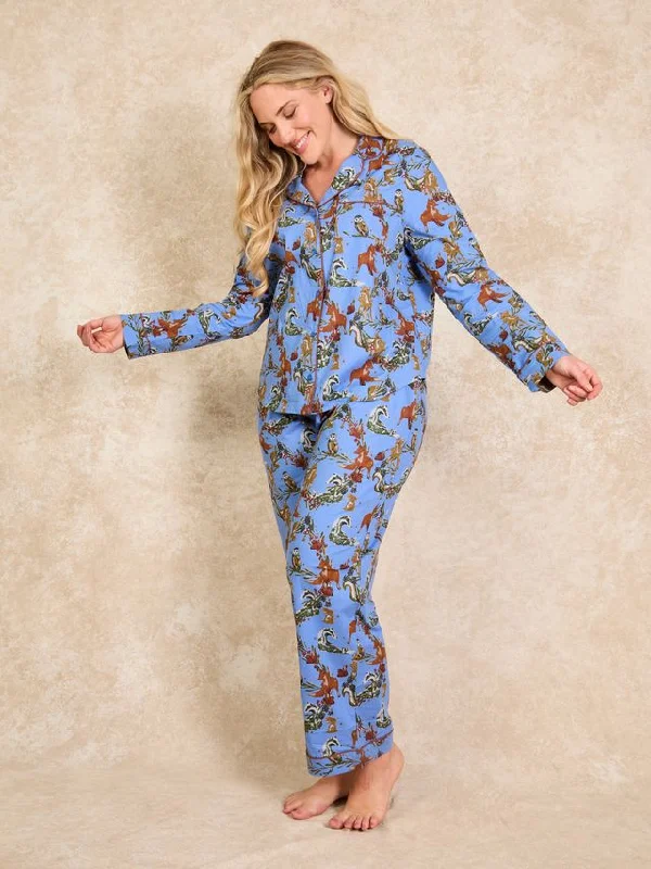 Womens Cotton Traditional Pyjamas Blue Woodland Creatures Fleece pajama sets