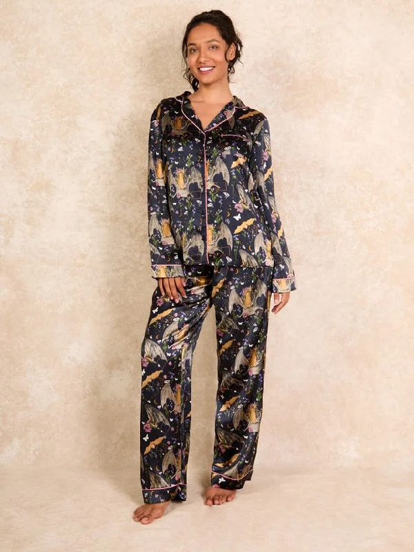 Womens Satin Traditional Pyjamas Bats Warm pajama sets