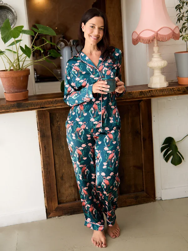 Womens Satin Traditional Pyjamas Navy Flamingo Maternity pajama sets