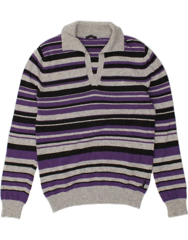 SISLEY Womens Polo Neck Jumper Sweater UK 14 Medium Purple Striped Cotton sweaters