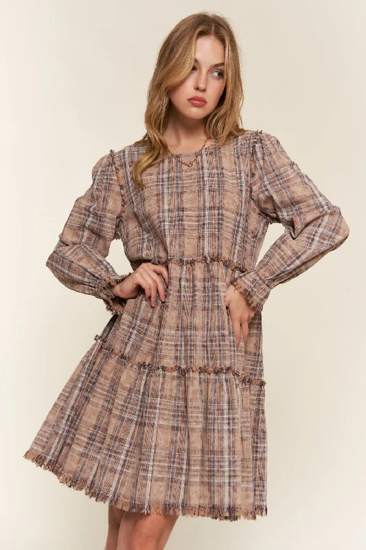 Washed Frayed Tiered Plaid Dress Fall mini dresses