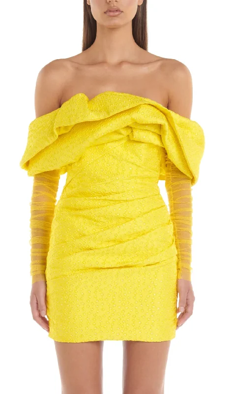 YELLOW OFF SHOULDER RUCHED MESH MINI DRESS A-line mini dresses