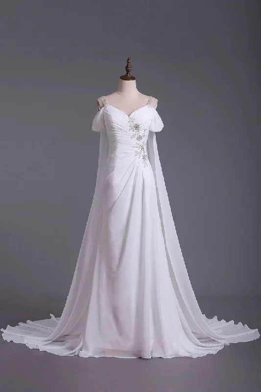 A Line Straps With Beads And Ruffles Wedding Dresses Chiffon Court Train Detachable Formal Wedding Dress