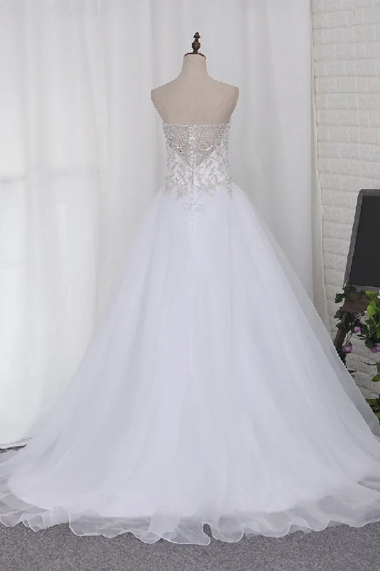 A Line Sweetheart Beaded Bodice Wedding Dresses Organza Court Train A-line Bridal Dress