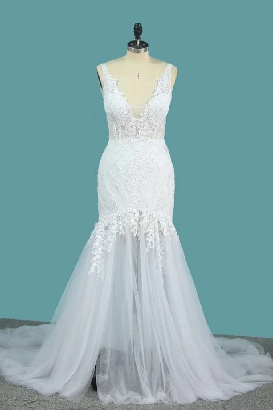 2024 Spaghetti Straps Tulle Mermaid Wedding Dresses With P3X3XT2K Ruffled Wedding Dress