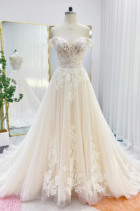 A-Line Chapel Train Lace Tulle Wedding Dress CW3278 Simple Wedding Gown