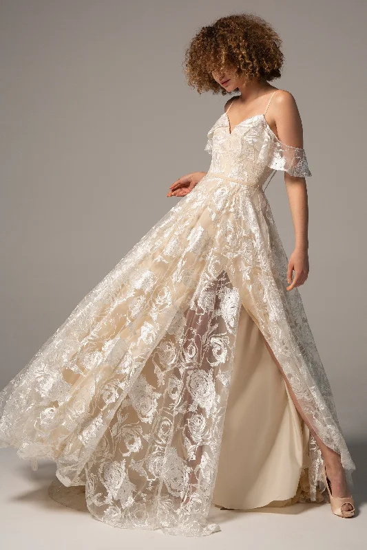 A-Line Court Train Lace Wedding Dress CW2224 Illusion Neckline Gown