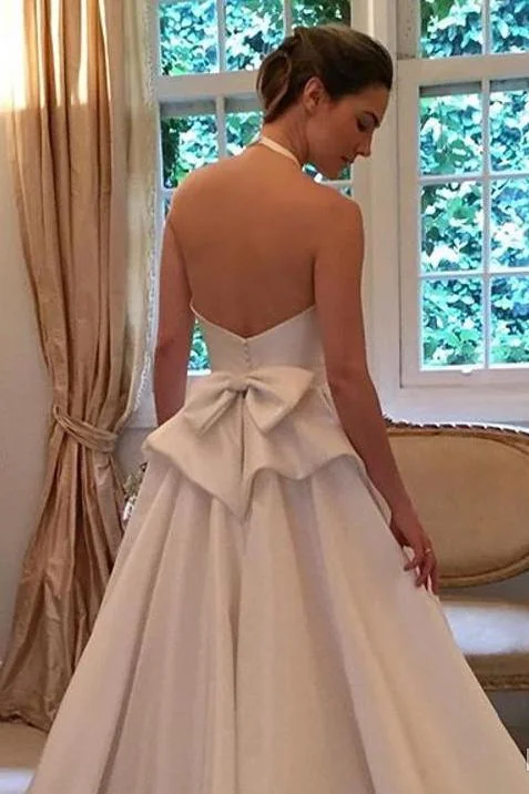 A Line Halter Satin Wedding Dress, Simple Backless Sleeveless Bridal Dress With Bow N1570 Lace Sleeveless Dress