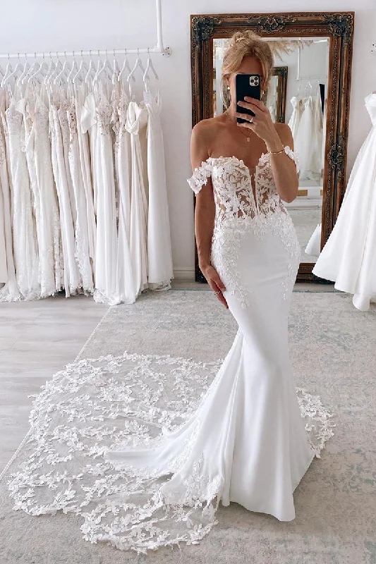 Illusion Deep V Neck Lace Appliques Mermaid Wedding Dress with Court Train QW2149 Modern Wedding Gown