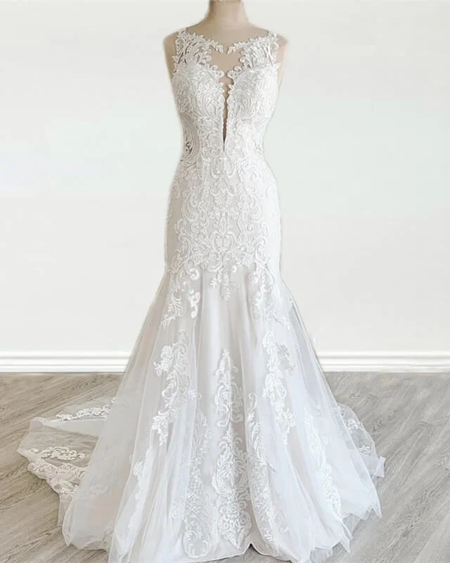 Vintage Lace Scoop Neckline Wedding Dress Mermaid Silk Wedding Gown