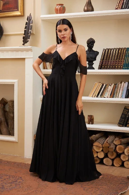 Angelino Black Chiffon Chest Long Evening Dress with Foward Elegant A-line Gown