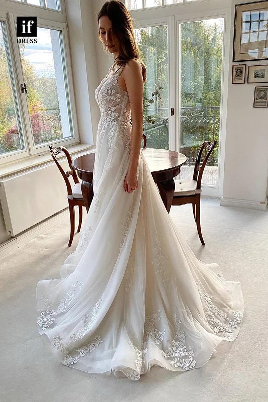 31673 - Attractive V-Neck Lace Appliques Bohemian Wedding Dress Lace Wedding Gown