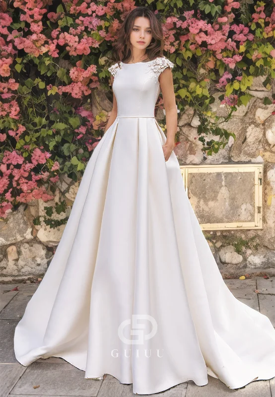 A-Line High Neck Cap Sleeves Appliques Long Satin Wedding Dress with Train Floral Bridal Gown